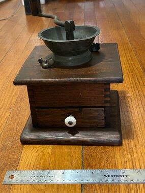 Antique Manual Wooden Coffee Grinder in Dark Brown with Metal Hopper